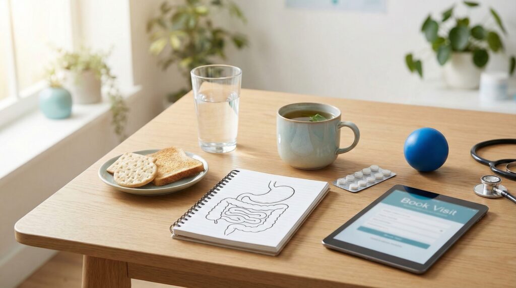 Digestive health desk scene with tea, water, simple foods, and generic antacid packaging beside a notebook sketch of the stomach and intestines, representing GERD, IBS, and ulcer symptoms and when to seek care.