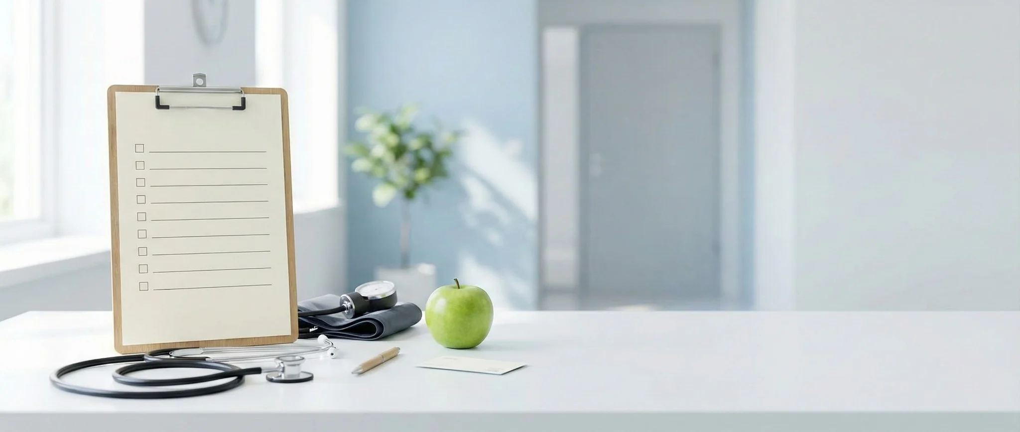 Annual physical and preventive care concept with checklist clipboard and stethoscope