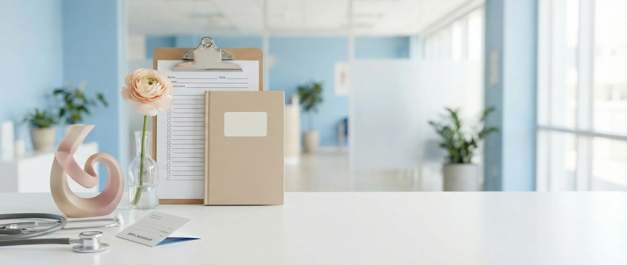 Women’s health visit checklist on a clinic desk—screening, prevention, and primary care guidance.