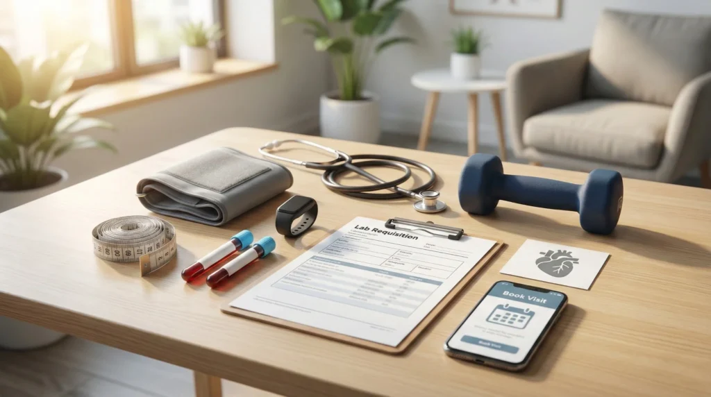 Primary care desk with a blood pressure cuff, stethoscope, fitness measuring tape, and blurred lab paperwork alongside unbranded blood tubes, representing men’s health screening and midlife prevention.
