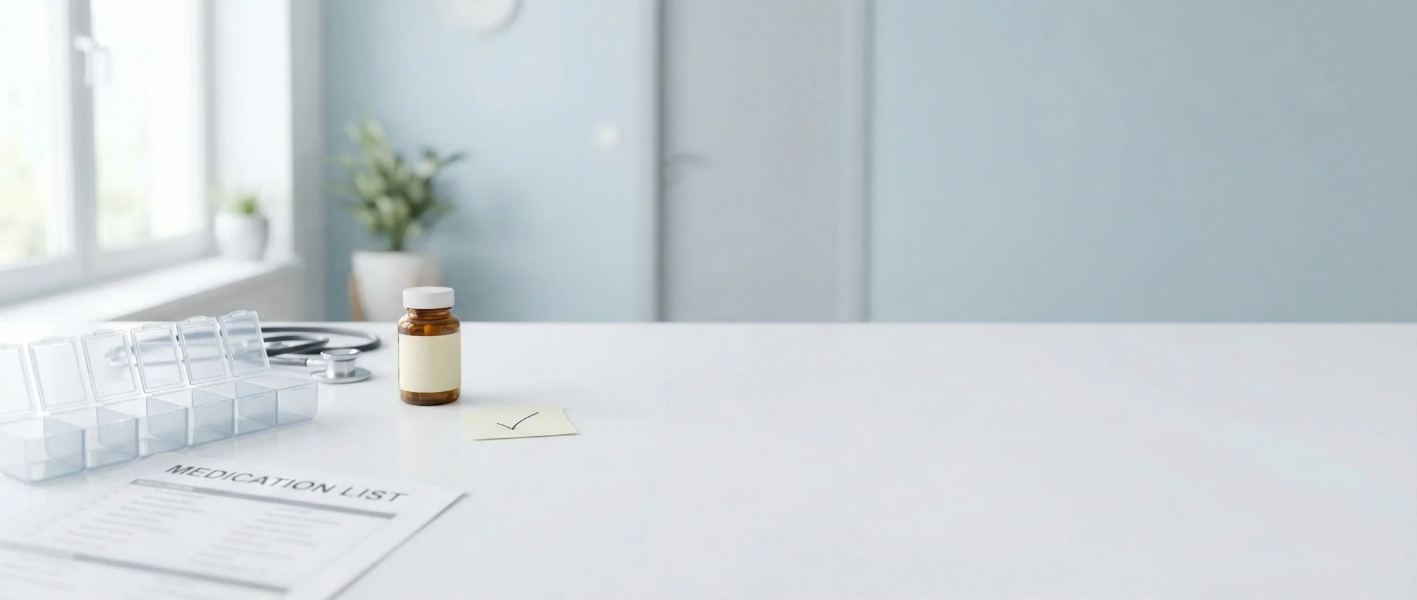 Medication management checklist with pill organizer and prescription bottle.