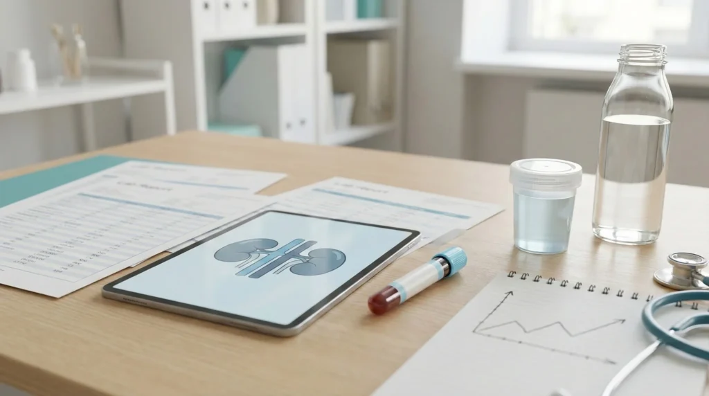 Clinician desk with blurred kidney lab reports, a tablet showing a kidney diagram, and clean specimen containers, illustrating how creatinine and eGFR results are interpreted over time.