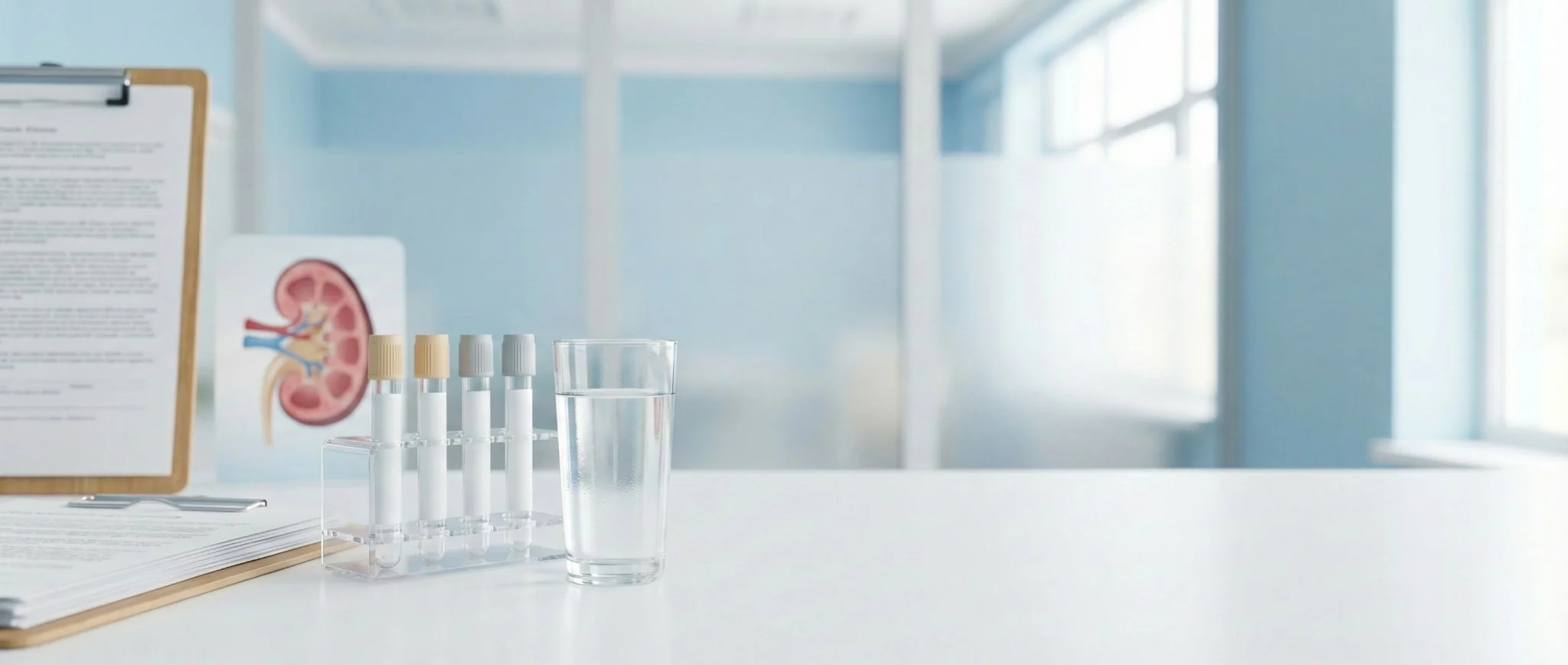 Urine sample tubes and a glass of water on a clinic desk with a kidney diagram—kidney and urinary health testing.