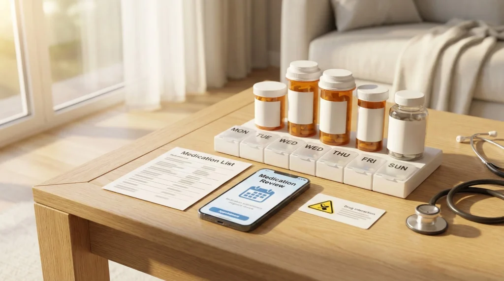 Organized medication review setup with a pill organizer, unlabeled prescription bottles, supplements, and a medication list next to a phone, symbolizing medication safety and interaction checks.