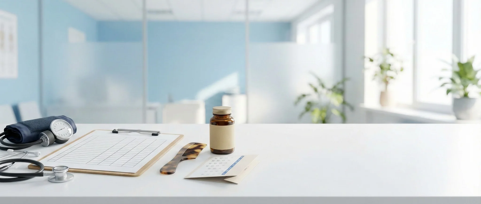 Clinic desk with blood pressure cuff, stethoscope, checklist clipboard, and vitamin bottle—men’s health screening and preventive care.