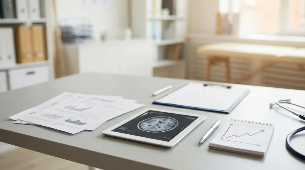 Clinician desk with blurred lab reports and a tablet showing a generic imaging scan, emphasizing that test results are interpreted in context over time.