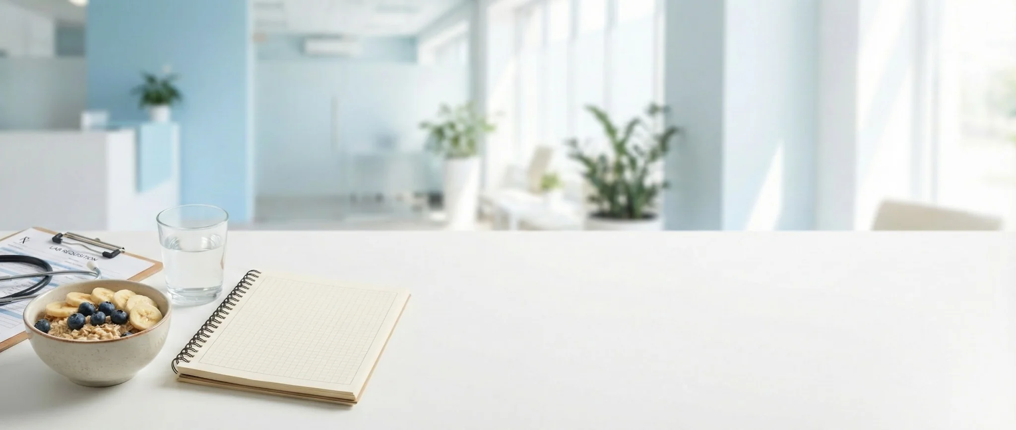 Healthy breakfast bowl with fruit, a glass of water, and a notebook on a clinic desk—nutrition and lifestyle counseling.