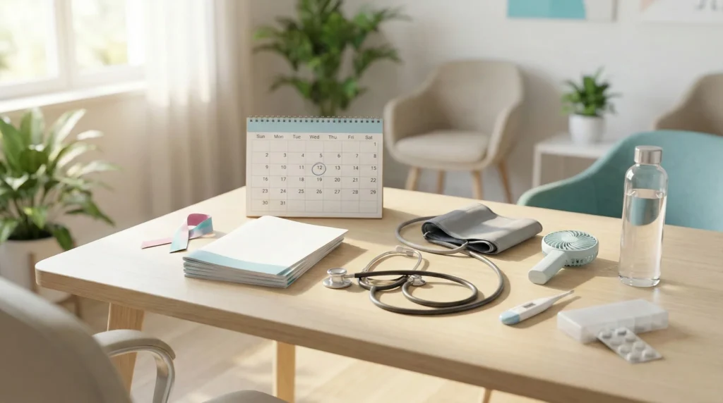 Primary care desk setup with a stethoscope, blood pressure cuff, calendar, and discreet wellness items like a water bottle and handheld fan, representing women’s health screening, contraception counseling, and menopause care.