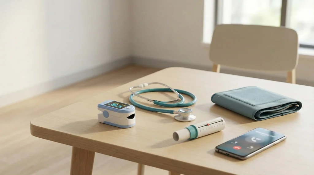 Pulse oximeter and clinician tools on a desk with a stethoscope and phone, representing evaluation of shortness of breath and when symptoms may need urgent care.