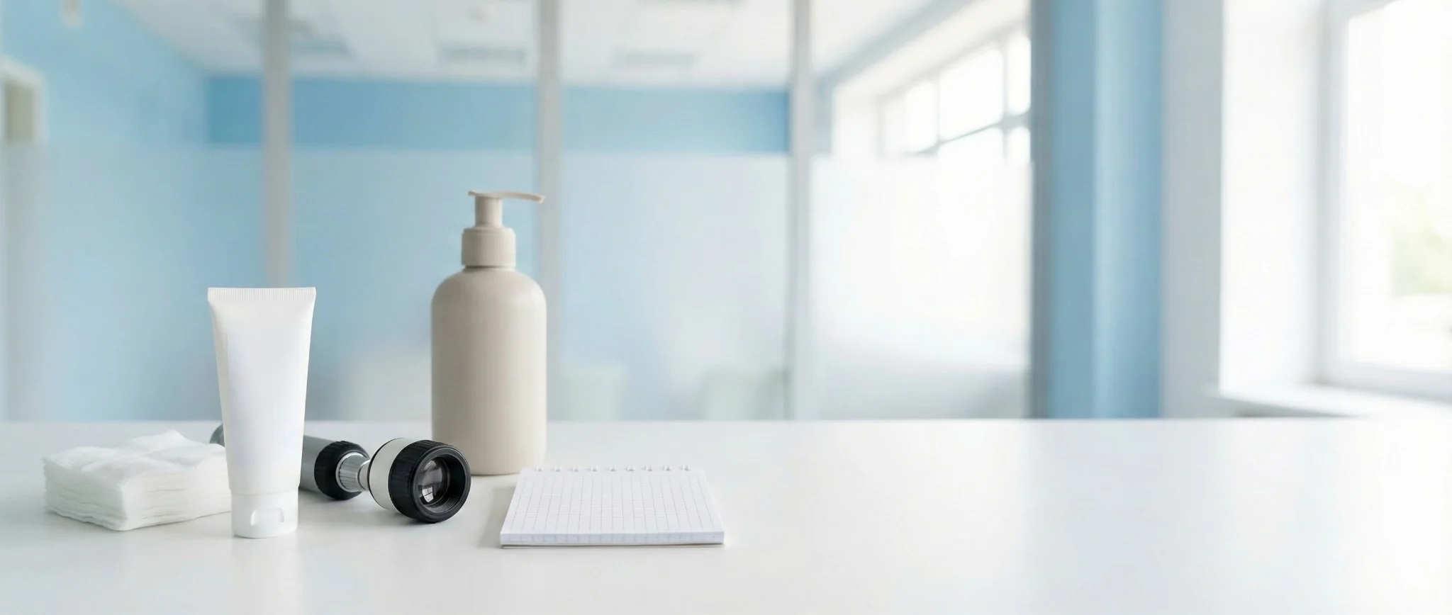 Clinic desk with skincare lotion and cream, cotton pads, and exam light—skin health and dermatology care.