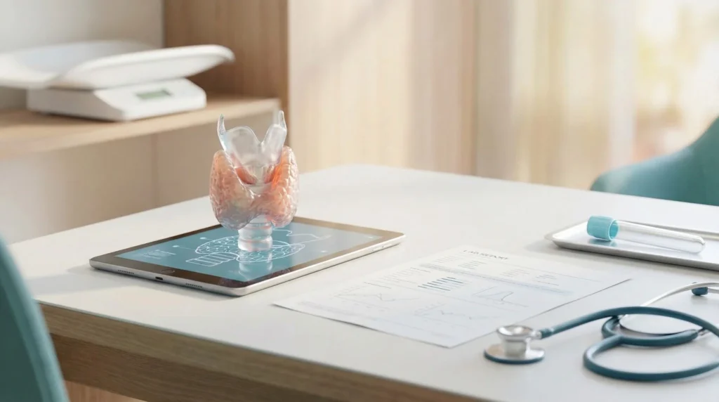 Clinician desk with a thyroid anatomical model, blurred lab paperwork, and a stethoscope, with a subtle scale in the background to represent thyroid testing and weight concerns.