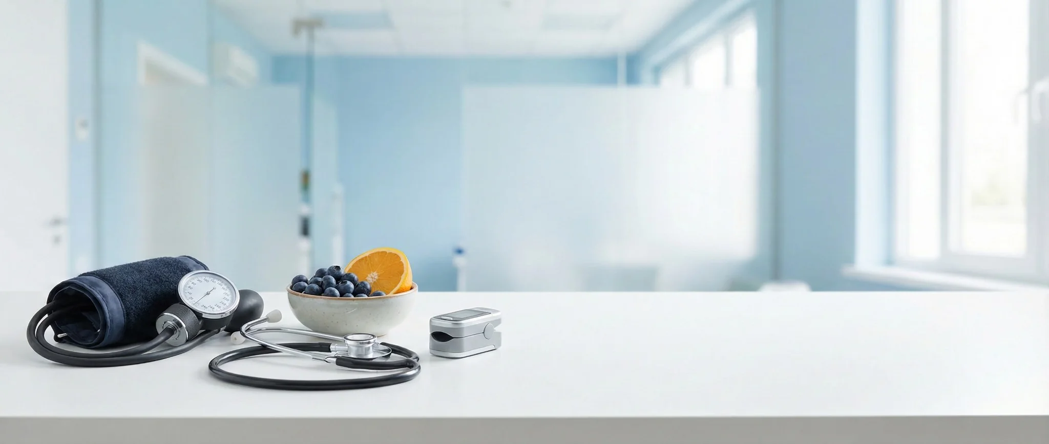 Blood pressure cuff, stethoscope, and pulse oximeter beside a bowl of berries on a clinic desk—wellness and preventive care
